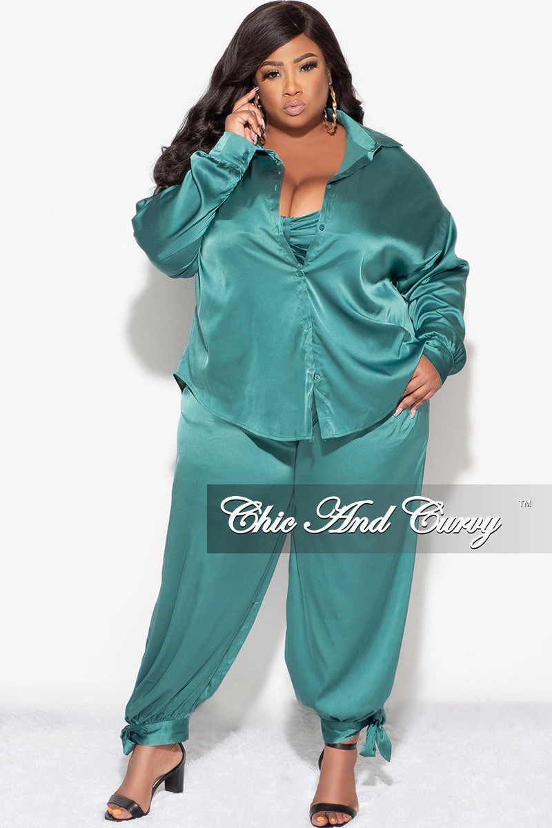 Final Sale Plus Size Satin 3pc Set (Collar Top, Tube Bra and High Waist Pants) in Green Moisture control