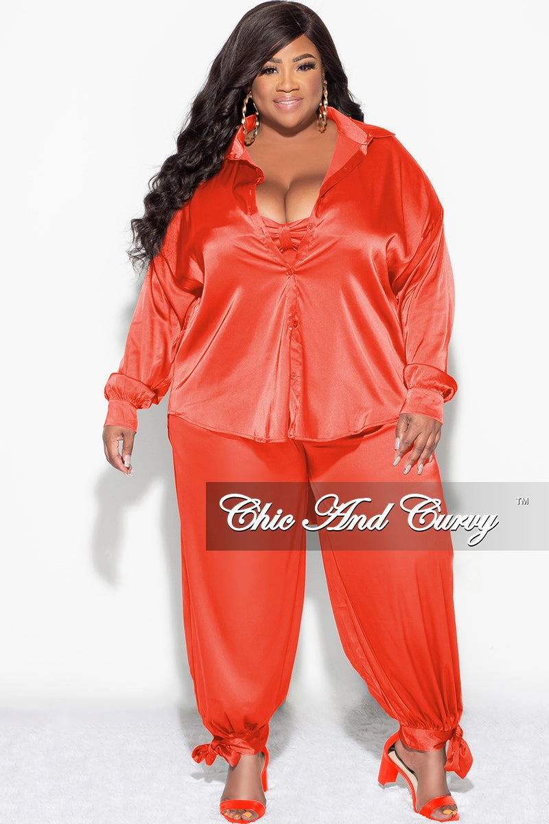 Final Sale Plus Size Satin 3pc Set (Collar Top, Tube Bra and High Waist Pants) in Orange Minimal Design
