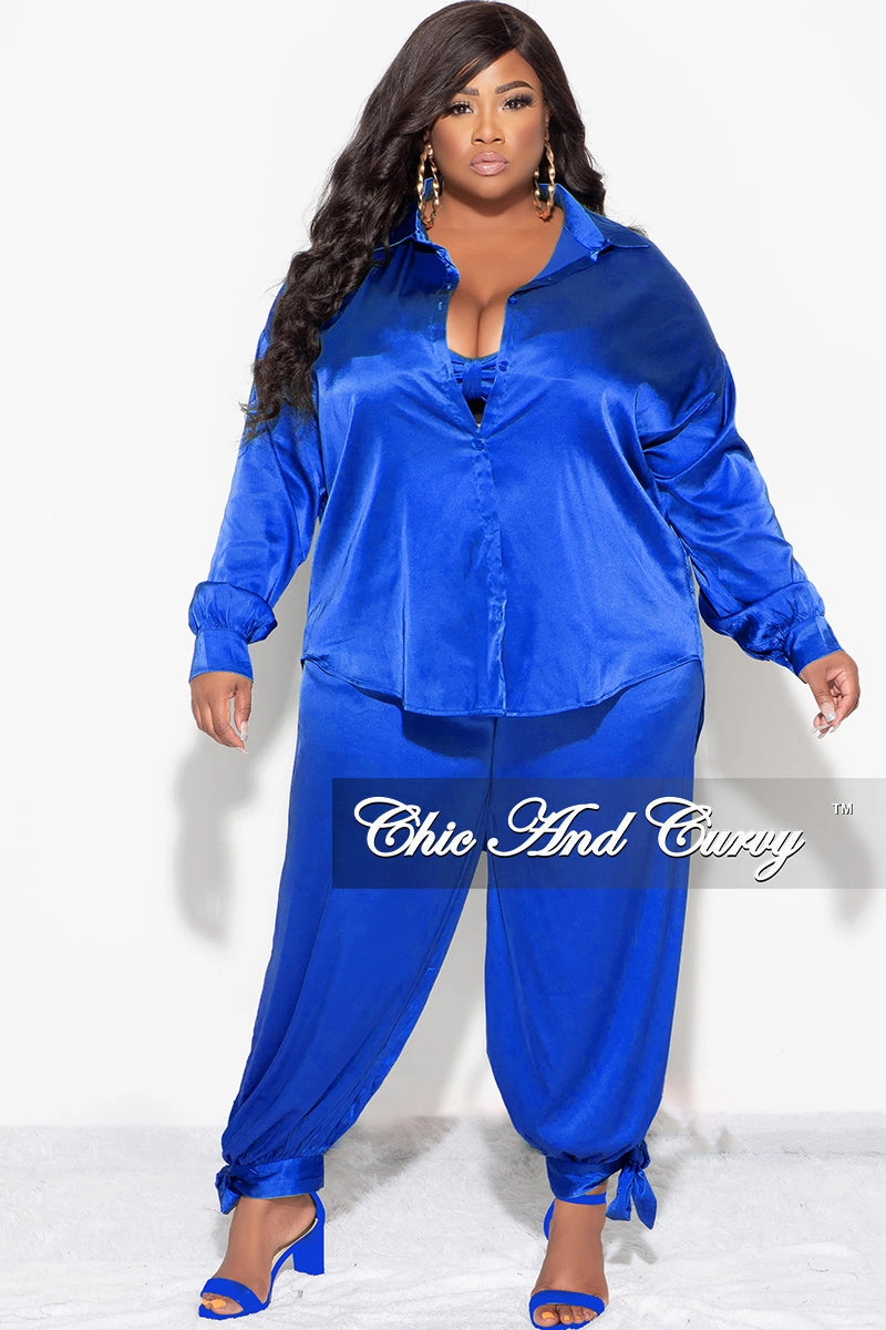 Seasonal Basic Tagless label Final Sale Plus Size Satin 3pc Set (Collar Top, Tube Bra and High Waist Pants) in Royal Blue
