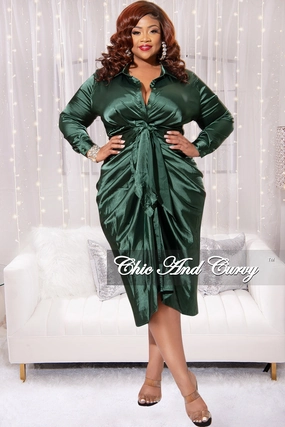 Final Sale Plus Size Satin Collar Button Up Dress with Waist Tie and Ruched Bottom in Green casual top Printed Hoodie