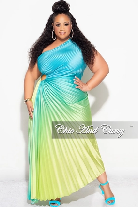 Final Sale Plus Size Satin One Shoulder Asymmetric Pleated Dress with Cut Out in Teal and Green QuickRelease Closure Soft Cotton