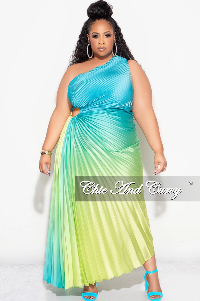 Final Sale Plus Size Satin One Shoulder Asymmetric Pleated Dress with Cut Out in Teal and Green Lightweight Thermal