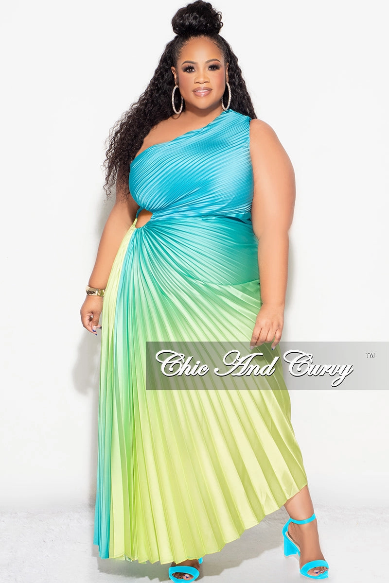 Low Profile Seaming Thermal Regulation Fabric Final Sale Plus Size Satin One Shoulder Asymmetric Pleated Dress with Cut Out in Teal and Green