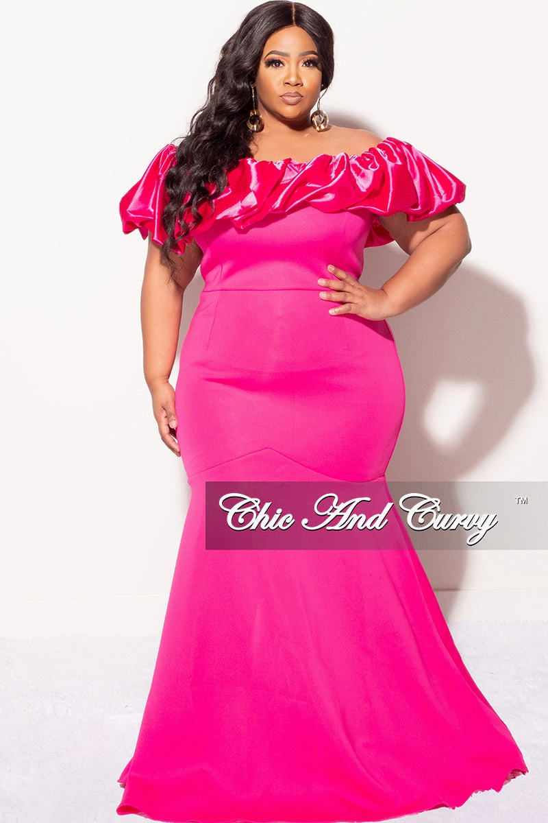 Final Sale Plus Size Scuba Off the Shoulder Satin Ruffle Long Gown in Fuchsia Scuba Fabric Adjustable Cuffs