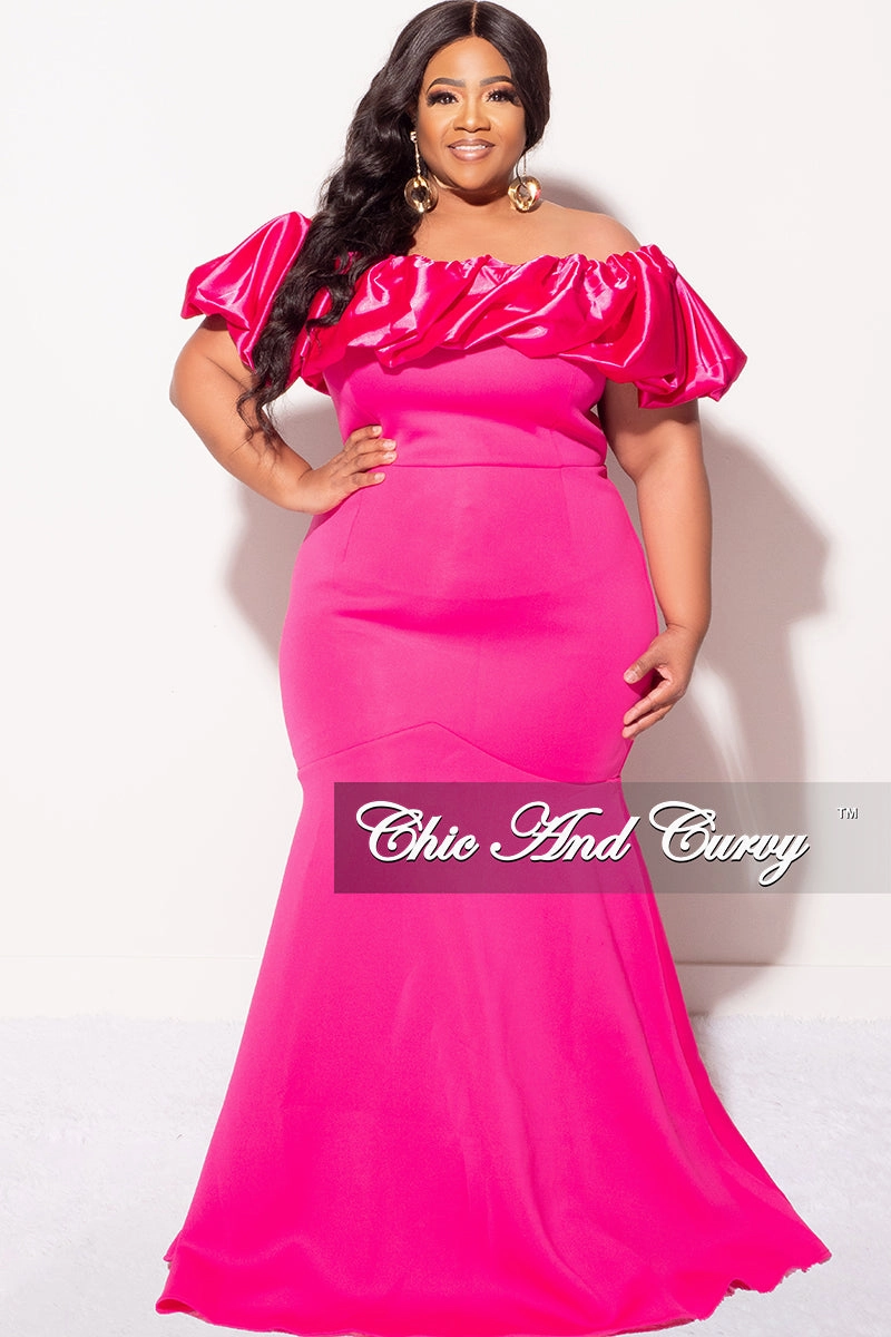 Final Sale Plus Size Scuba Off the Shoulder Satin Ruffle Long Gown in Fuchsia Scuba Fabric Layered Collar Design