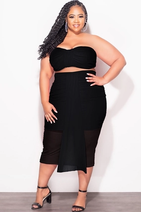 Layer Fit Final Sale Plus Size Sheer 2pc Strapless Crop Top and Skirt Set in Black