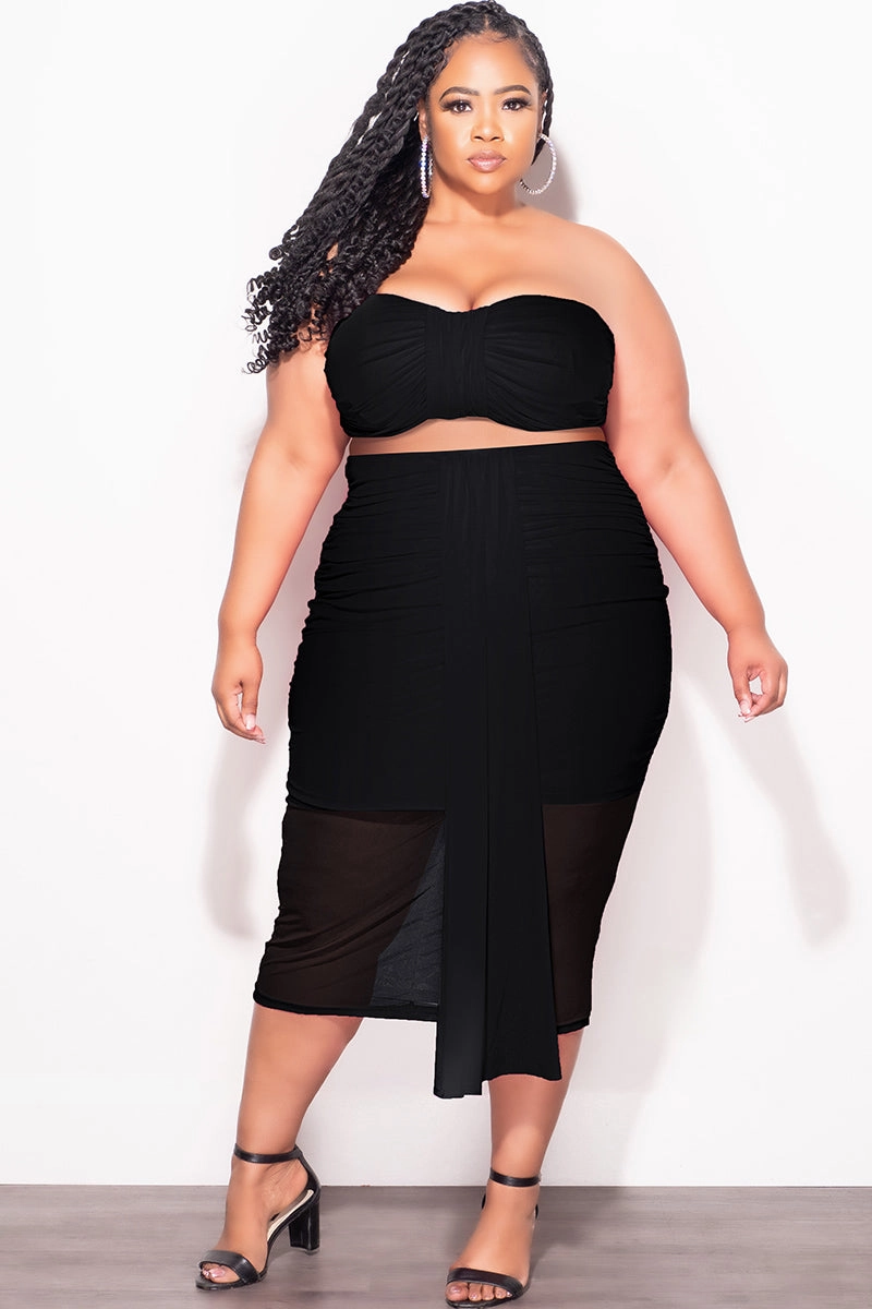 Plaid detail sporty wear Final Sale Plus Size Sheer 2pc Strapless Crop Top and Skirt Set in Black