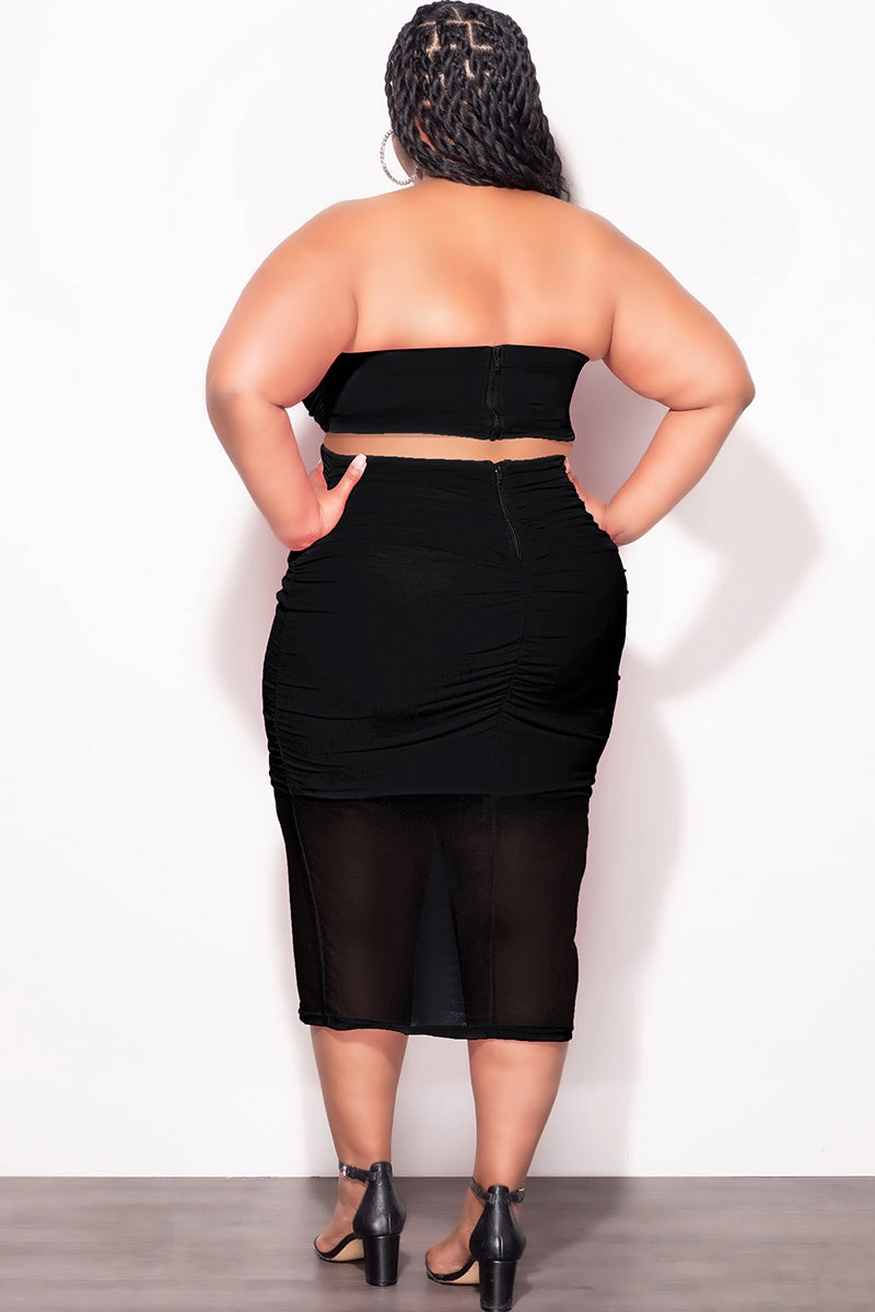 Final Sale Plus Size Sheer 2pc Strapless Crop Top and Skirt Set in Black Flexible Layer Daily Style