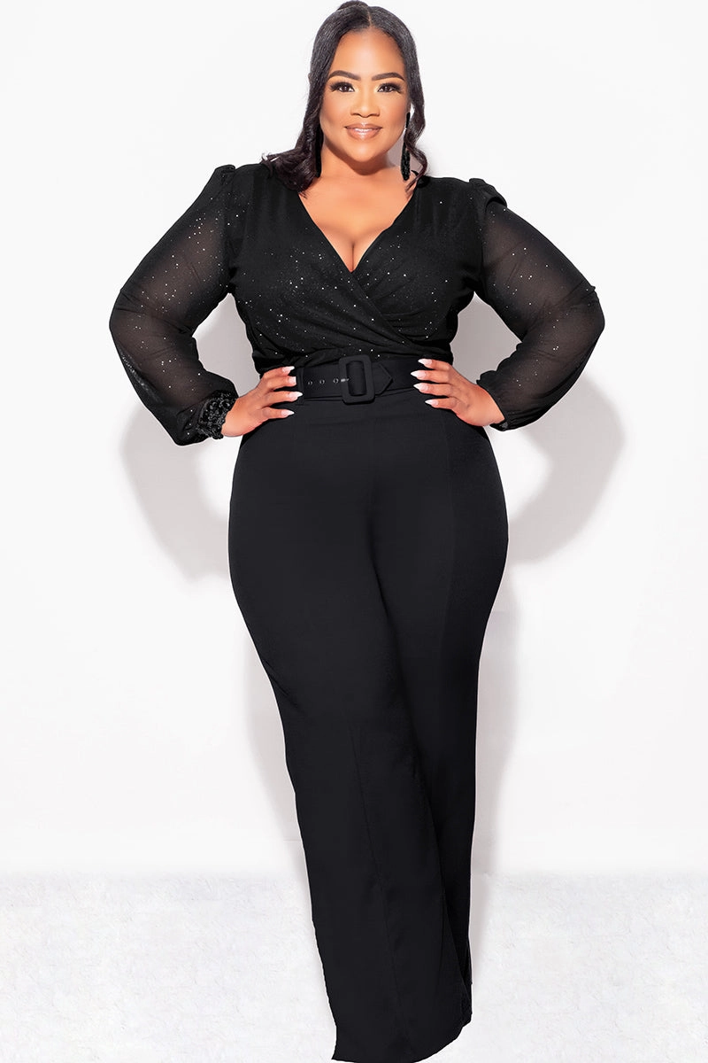 EcoFriendlyBlend Final Sale Plus Size Sheer Glitter Faux Wrap Top in Black