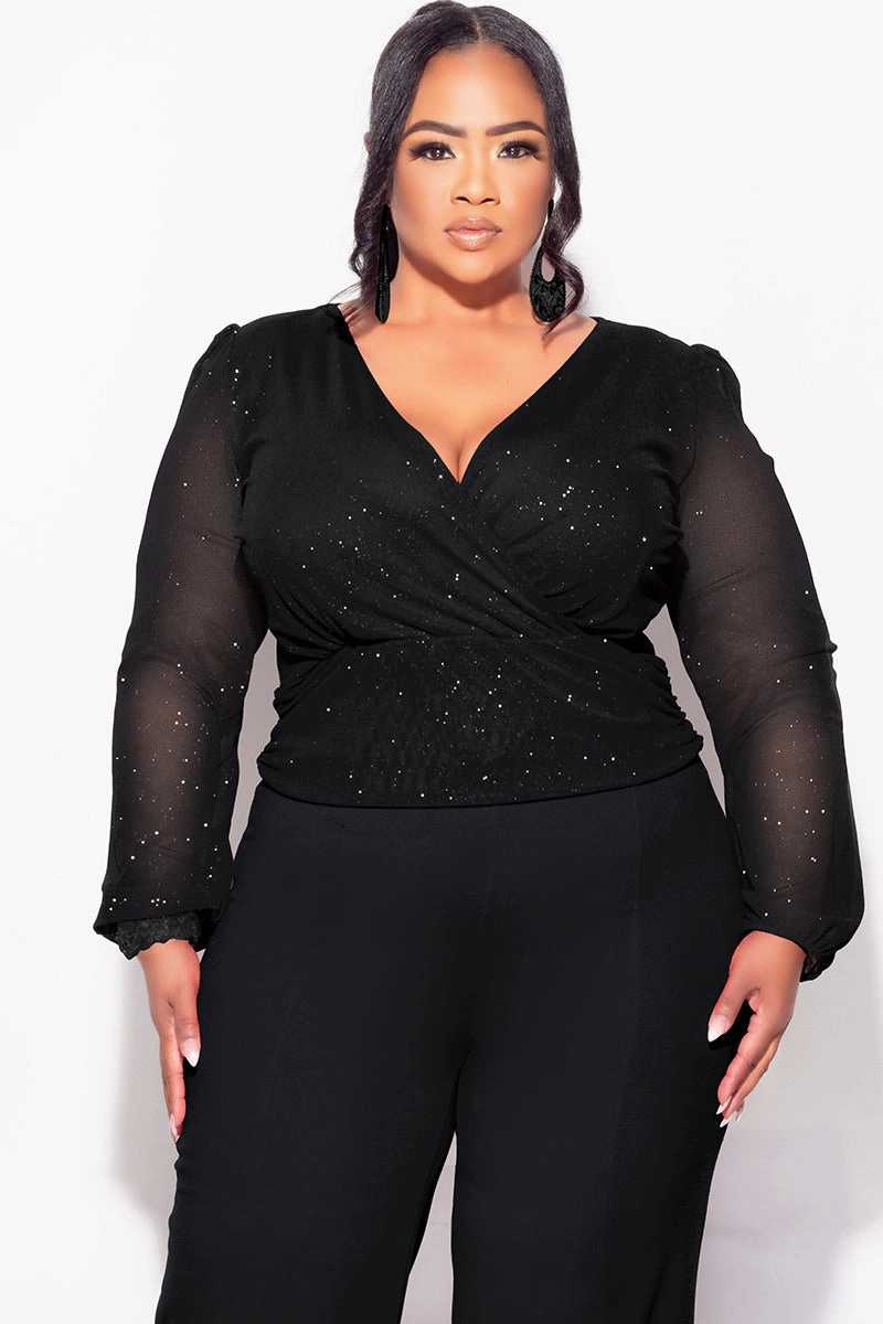 Reinforced Shoulder Final Sale Plus Size Sheer Glitter Faux Wrap Top in Black