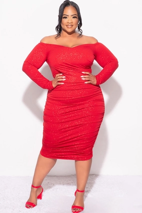 Final Sale Plus Size Shimmer Off The Shoulder Ruched BodyCon Dress in Red Water resistant coating HighNeckline