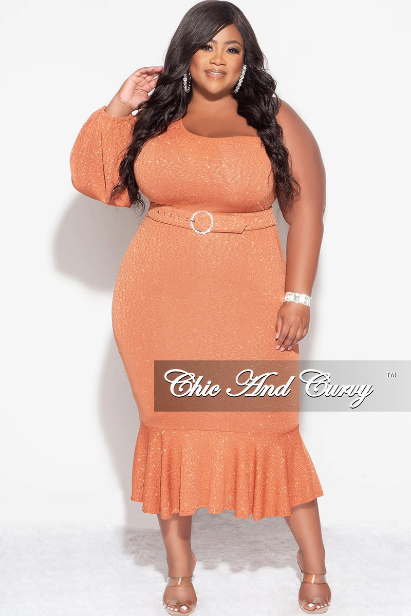Comfortable Cotton Final Sale Plus Size Shimmer One Shoulder Midi Dress with Bottom Ruffle in Rust