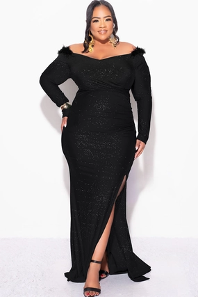 FlexFit Technology Tubular Body Construction Final Sale Plus Size Shimmer Ruched Maxi Dress with Feather Trim in Black