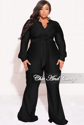 Versatile Comfort Wear Performance Ready Final Sale Plus Size Shiny 2pc Collar Button Up Crop Tie Top and Bell Bottom Pants Set in Black