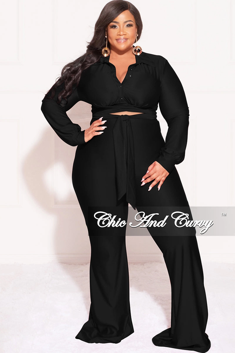 Final Sale Plus Size Shiny 2pc Collar Button Up Crop Tie Top and Bell Bottom Pants Set in Black Comfort Design Breathable Comfort Fit