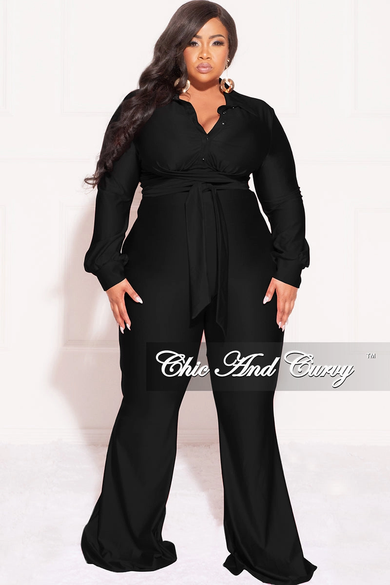 Versatile Comfort Wear Performance Ready Final Sale Plus Size Shiny 2pc Collar Button Up Crop Tie Top and Bell Bottom Pants Set in Black