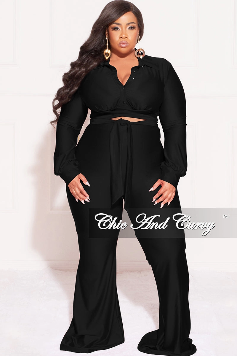 Final Sale Plus Size Shiny 2pc Collar Button Up Crop Tie Top and Bell Bottom Pants Set in Black Tapered ankle RuggedDurability