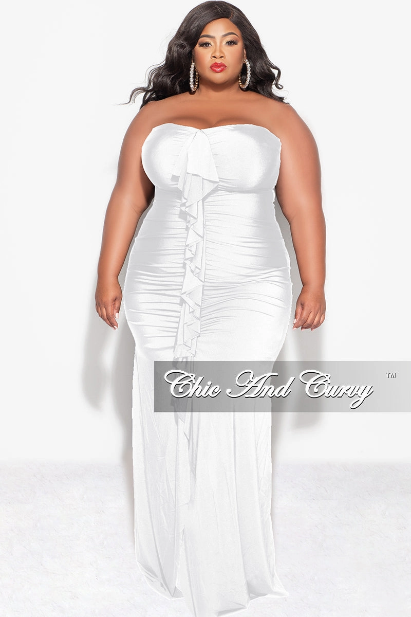 Final Sale Plus Size Sleeveless Maxi Gown With Center Ruching with Ruffle in White MinimalistDesign