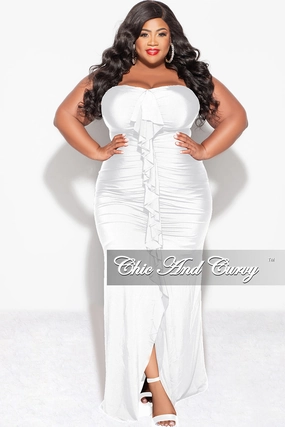 Final Sale Plus Size Sleeveless Maxi Gown With Center Ruching with Ruffle in White casual top DoubleLayered Collar