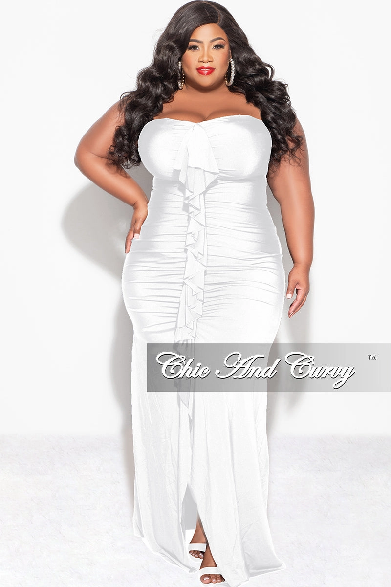 Casual Sweater Final Sale Plus Size Sleeveless Maxi Gown With Center Ruching with Ruffle in White