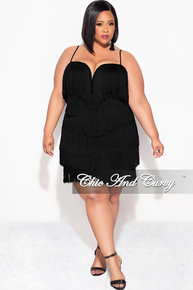 Architectural Tailoring Final Sale Plus Size Spaghetti Strap BodyCon Fringe Dress in Black