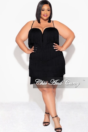 Final Sale Plus Size Spaghetti Strap BodyCon Fringe Dress in Black Convertible Style Overlock Edging