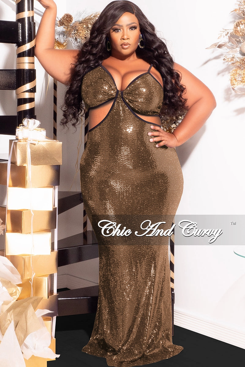 Snag Free Fabric Final Sale Plus Size Spaghetti Strap Faux Sequin Gown with Cut Outs in Gold