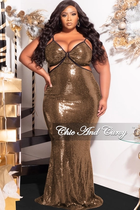 Low Profile Zipper Closure Breathable Underarm Gussets Final Sale Plus Size Spaghetti Strap Faux Sequin Gown with Cut Outs in Gold