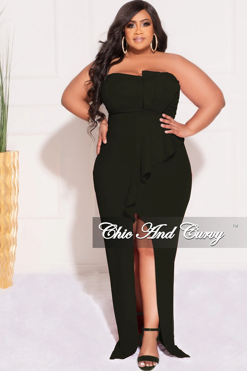 Final Sale Plus Size Strapless Pleated Ruffle Gown with Front Slit in Black Breathable Underarm Gussets NonChafingEdges