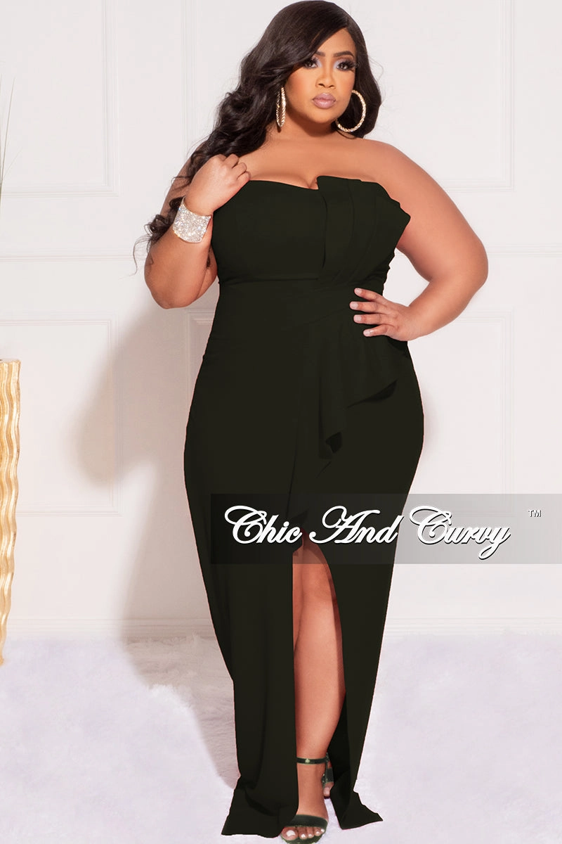 High Collar Option Final Sale Plus Size Strapless Pleated Ruffle Gown with Front Slit in Black