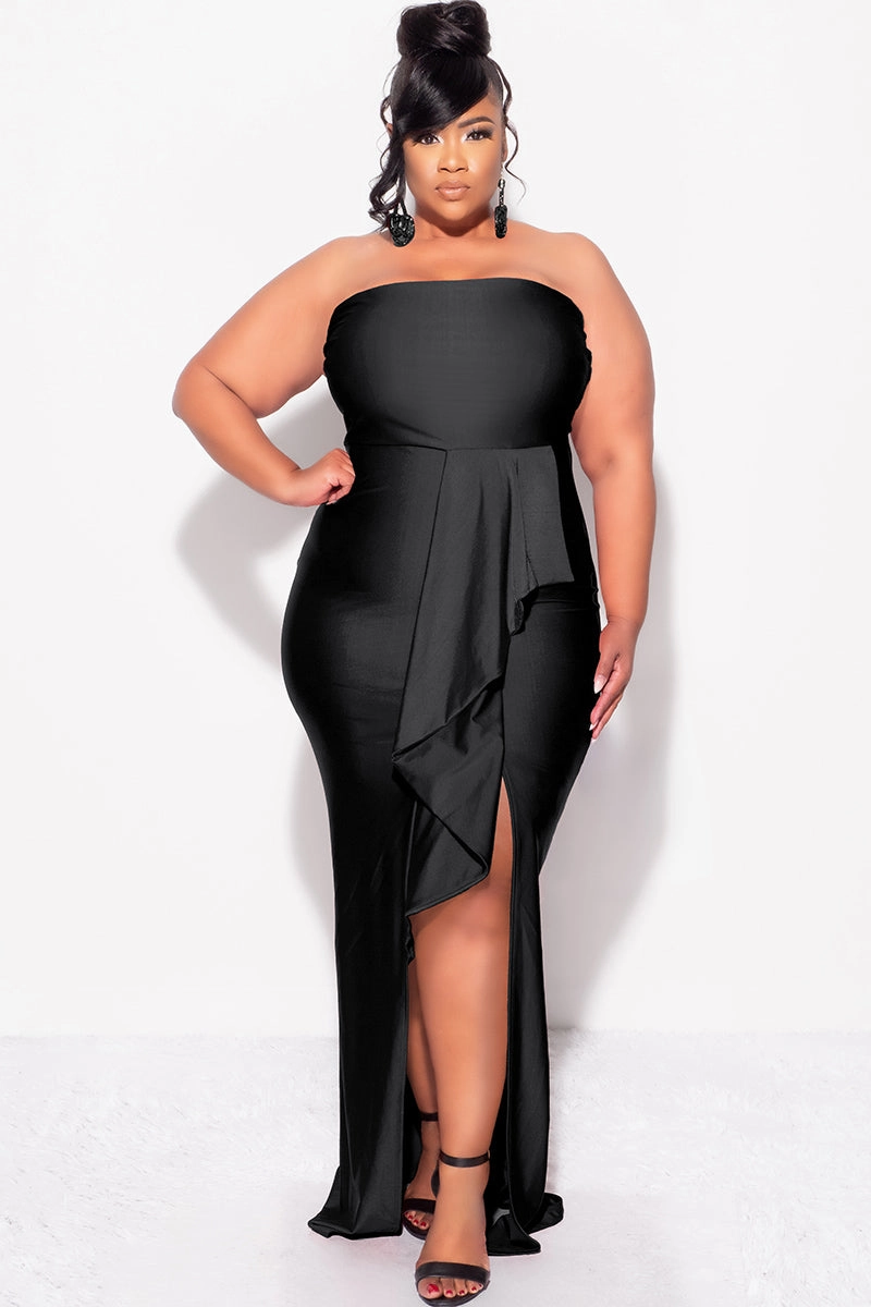 Final Sale Plus Size Strapless Ruffle Dress with Slit in Black Sustainable Waterproofing