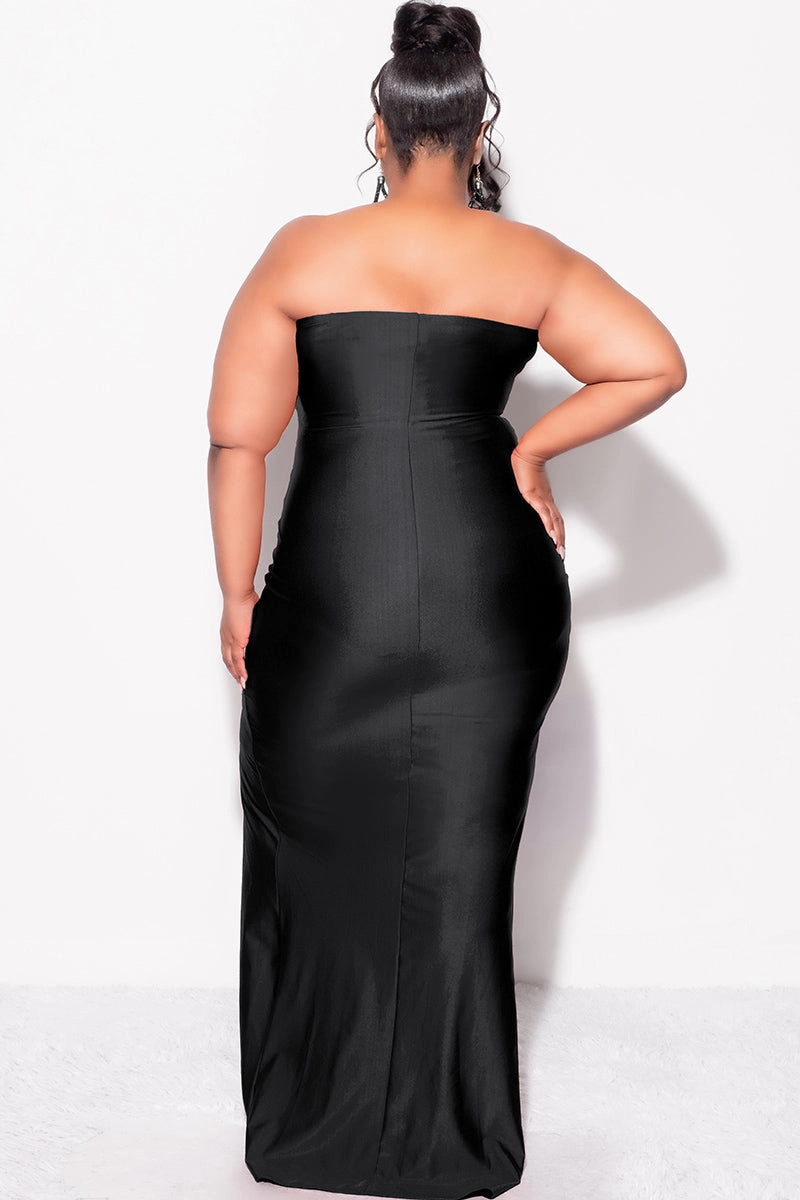 Final Sale Plus Size Strapless Ruffle Dress with Slit in Black PlacketDetail