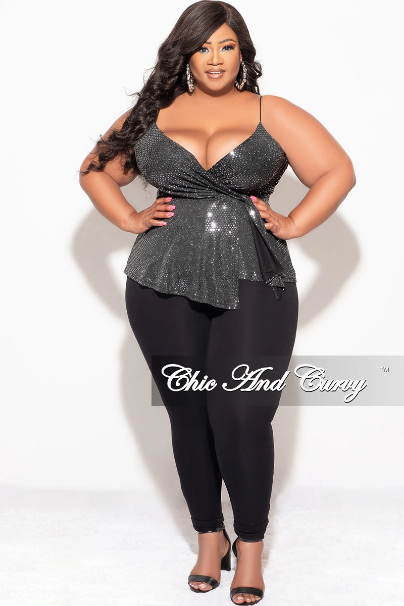 Final Sale Plus Size Surplice wrap V-Neck Sparkly Top with Spaghetti Strap in Silver and Black FourWay Stretch Fabric