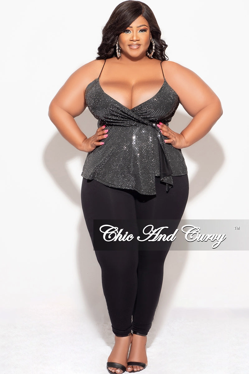 Reinforced Stitching Final Sale Plus Size Surplice wrap V-Neck Sparkly Top with Spaghetti Strap in Silver and Black
