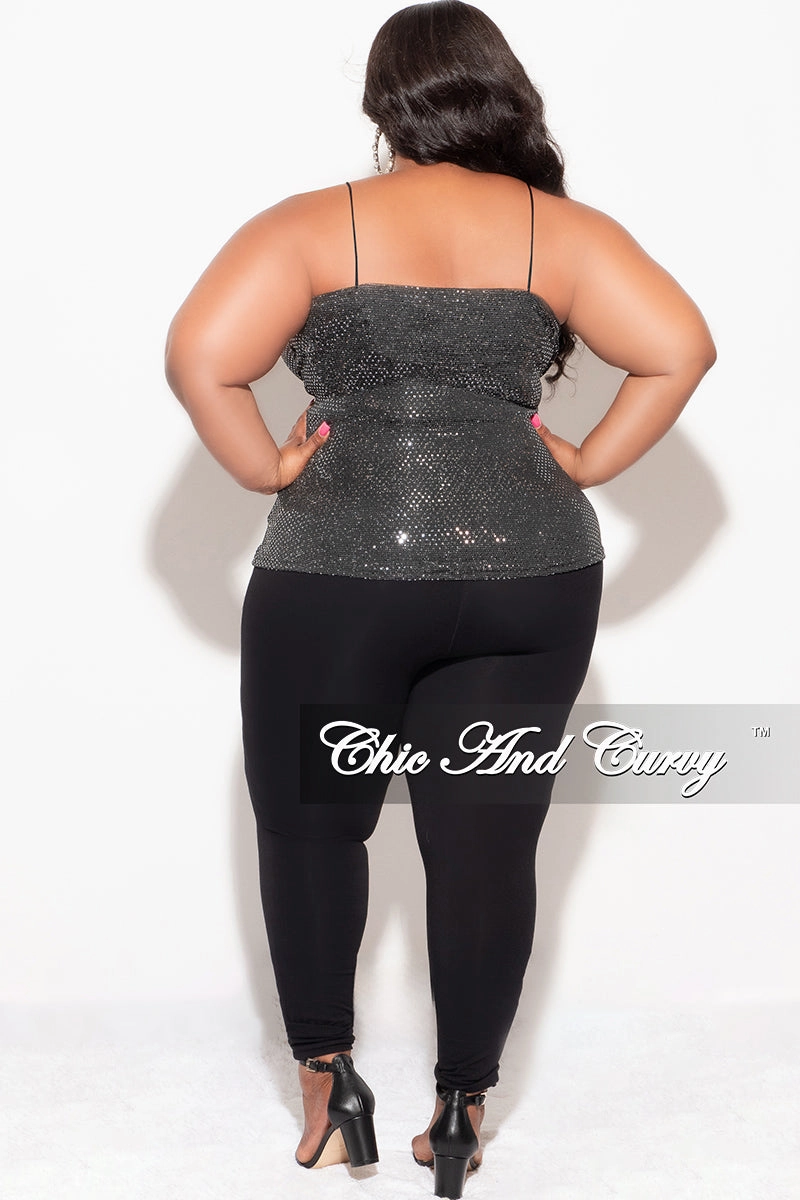 ReflectiveTrims Contoured Armhole Design Final Sale Plus Size Surplice wrap V-Neck Sparkly Top with Spaghetti Strap in Silver and Black