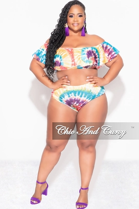 Final Sale Plus Size Tie Dye Ruffle Bikini Set in Red /Purple Multi Tie Dye Long Use