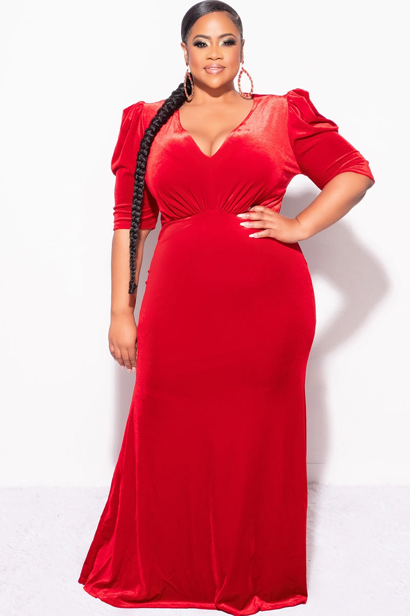 Final Sale Plus Size V-Neck Gown with Puffed Sleeves in Red Velvet Weighted Hem Design AntiPillingSurface
