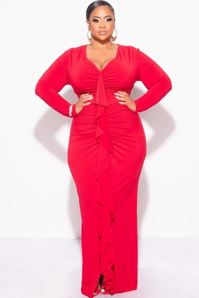 Anti Pilling Technology Final Sale Plus Size V-Neck Gown with Ruched Center & Ruffle in Red