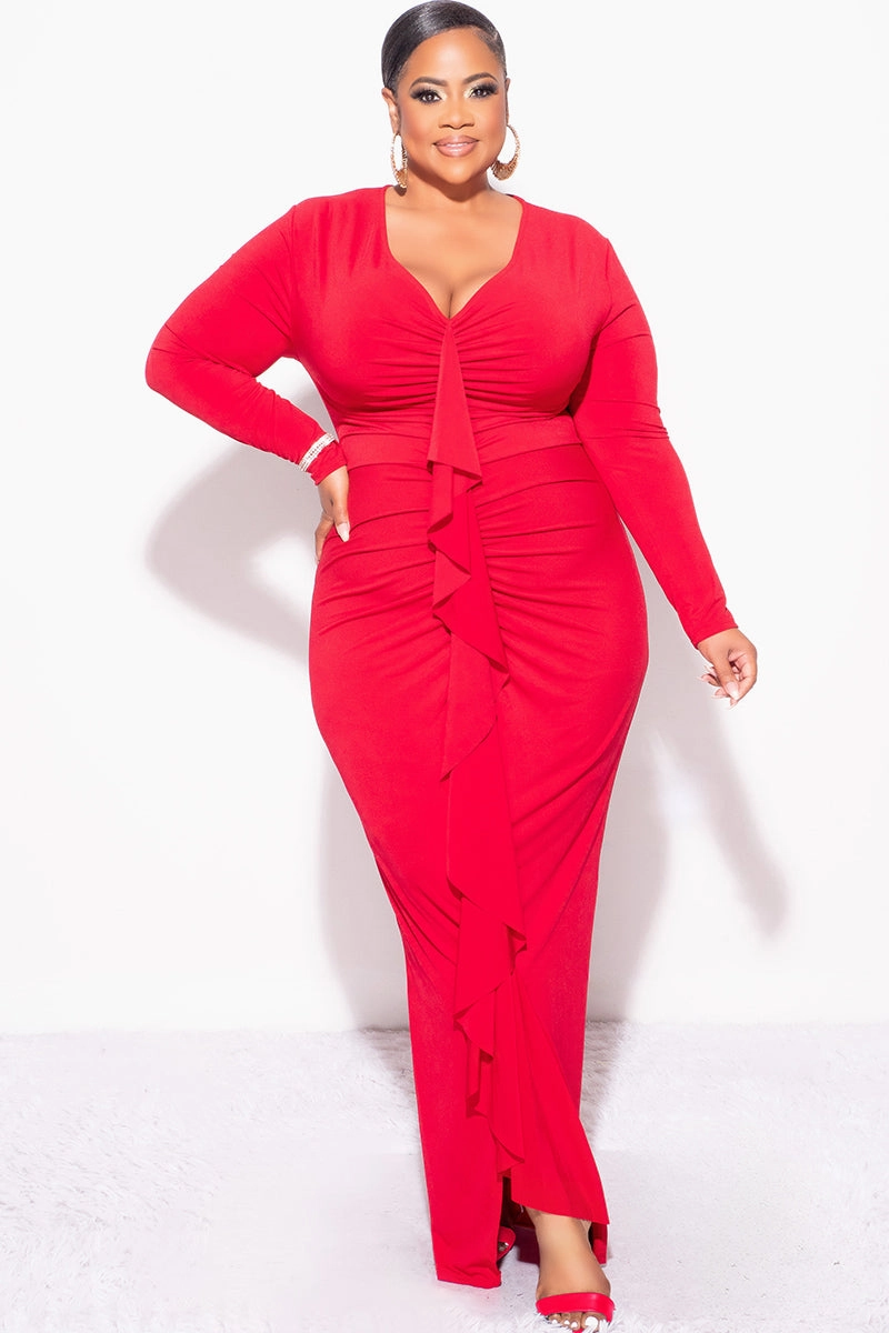 Durable Hem Stitching Layered Shoulder Final Sale Plus Size V-Neck Gown with Ruched Center & Ruffle in Red