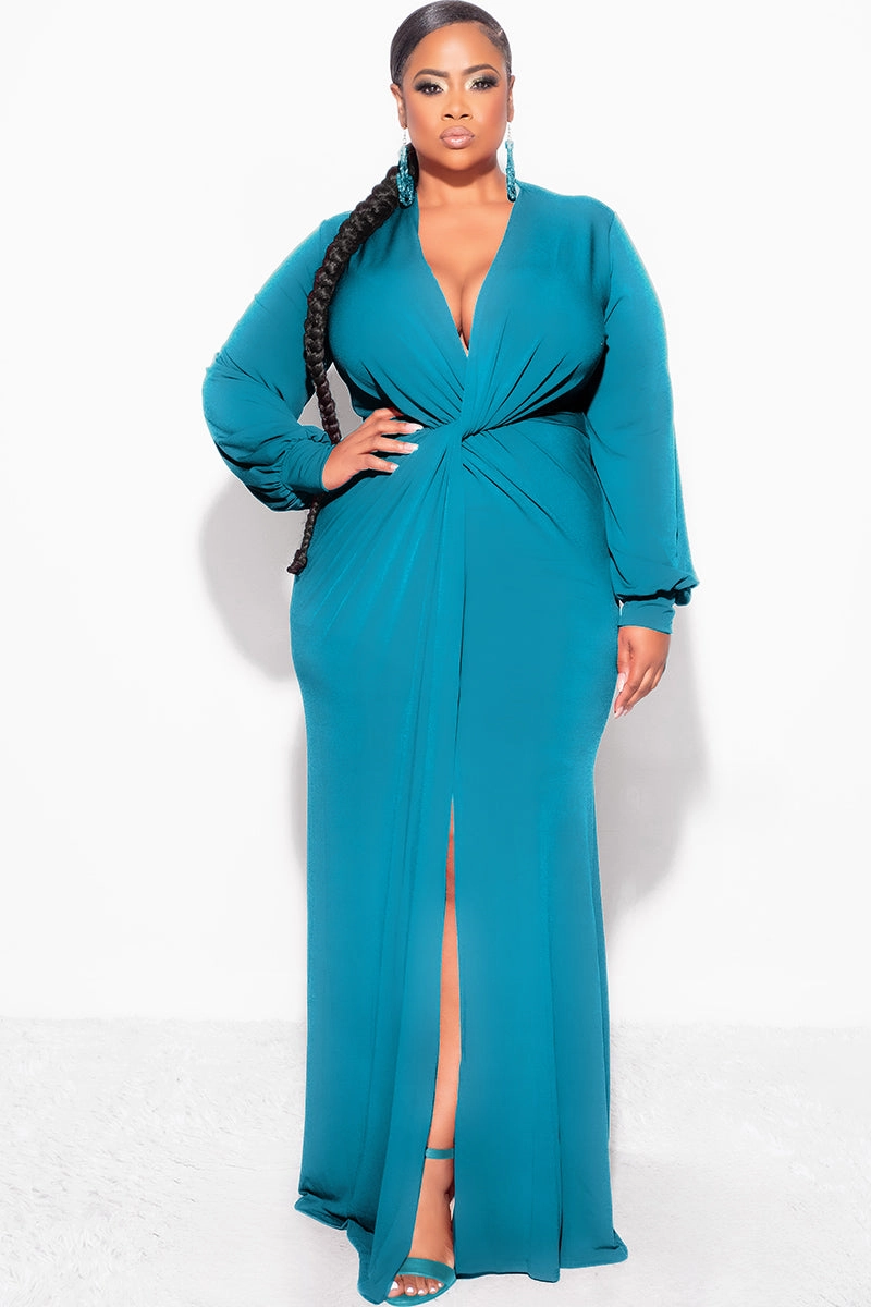 Tencel Cotton Hybrid Weave Final Sale Plus Size V-Neck Gown with Twist Front Waist in Teal Green