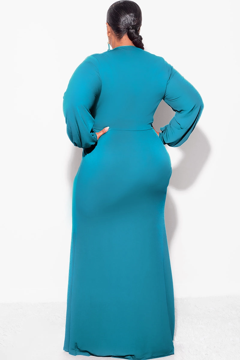 Ventilated Back Panels Light Fabric Final Sale Plus Size V-Neck Gown with Twist Front Waist in Teal Green