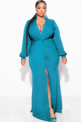 Final Sale Plus Size V-Neck Gown with Twist Front Waist in Teal Green Structured Shoulder Stretch waistband