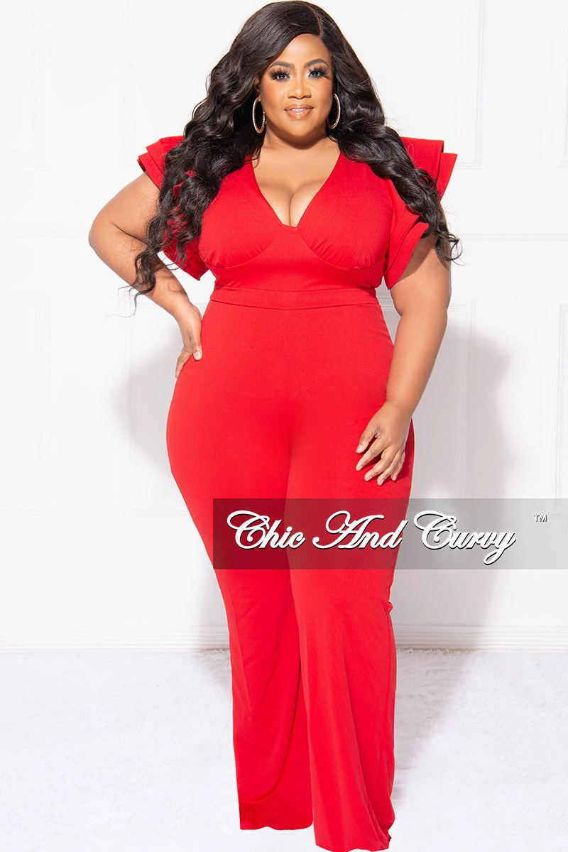 Eco Friendly Blend Final Sale Plus Size V-Neck Jumpsuit with Ruffle Sleeves in Red