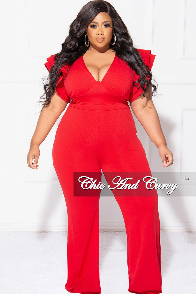 Convertible Sleeve Adaptation Quick Dry Fabric Final Sale Plus Size V-Neck Jumpsuit with Ruffle Sleeves in Red