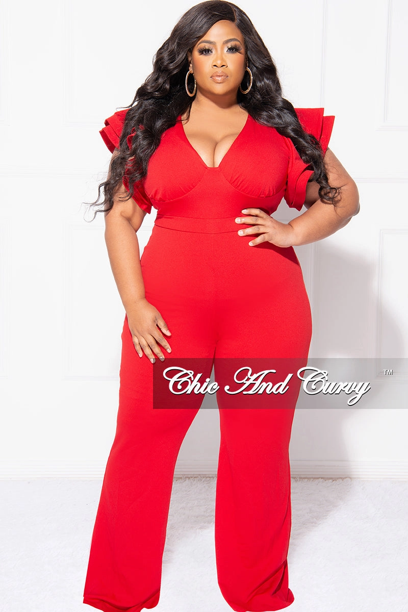 Final Sale Plus Size V-Neck Jumpsuit with Ruffle Sleeves in Red Sporty Blouse