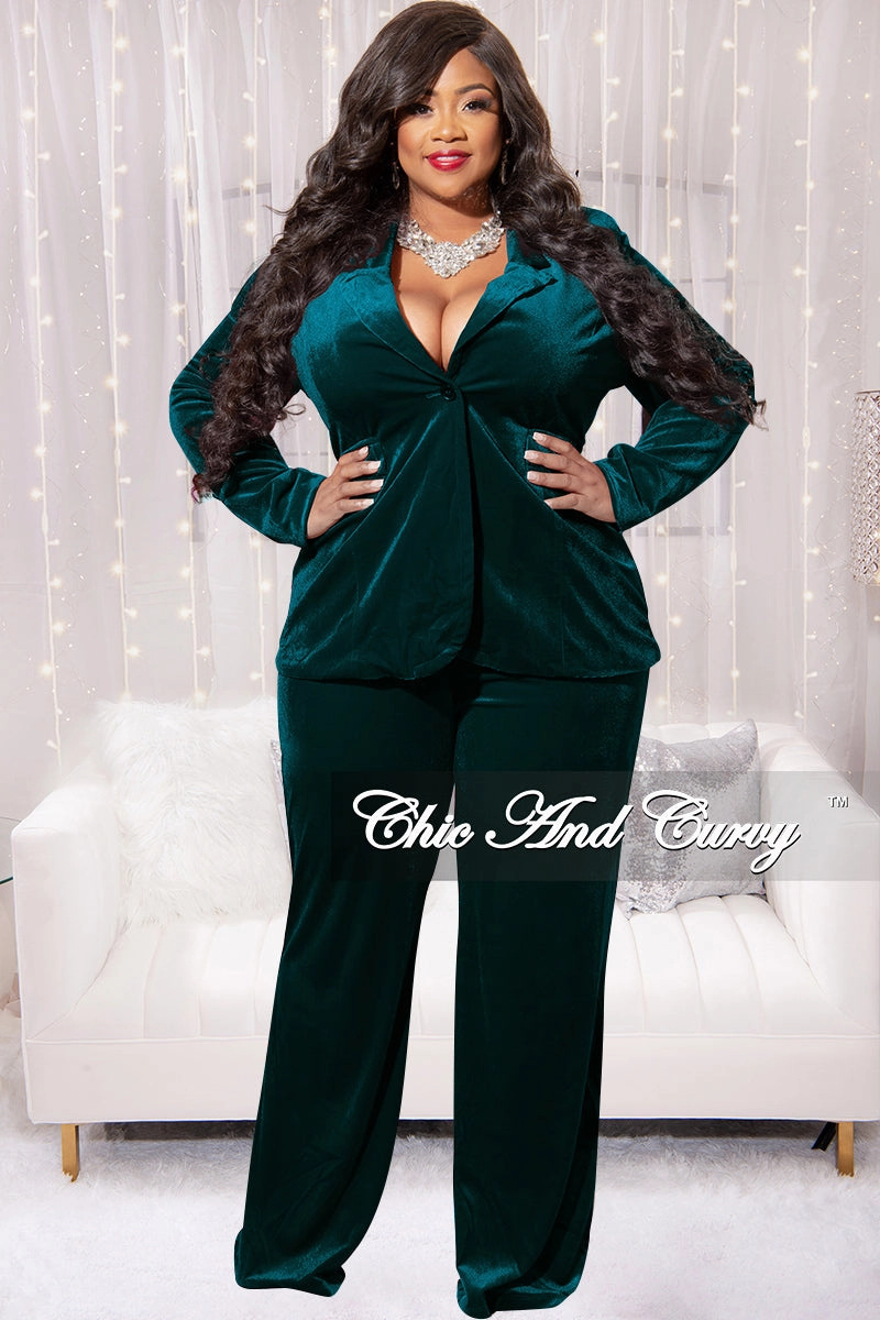 Final Sale Plus Size Velvet 2pc Pants Suit in Green Foldable Cuff Design Distressed Texture