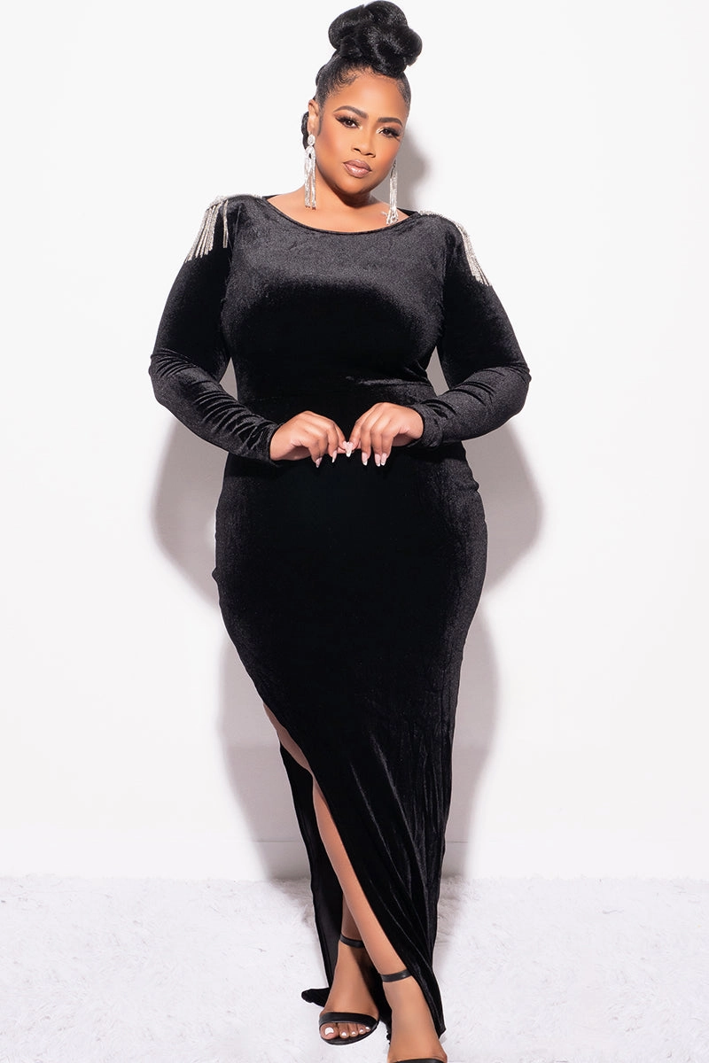 Final Sale Plus Size Velvet Dress Gown with Fringe Rhinestone Shoulders and Side Slit in Black SlimFit