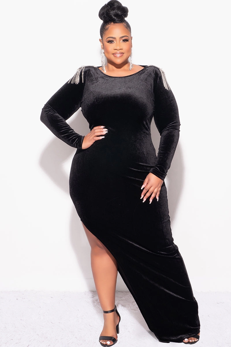 Final Sale Plus Size Velvet Dress Gown with Fringe Rhinestone Shoulders and Side Slit in Black Stylish Dress