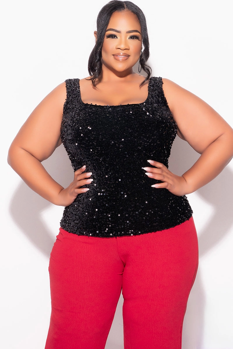 Final Sale Plus Sleeveless Sequin Size Top in Black LoopwheelFabric