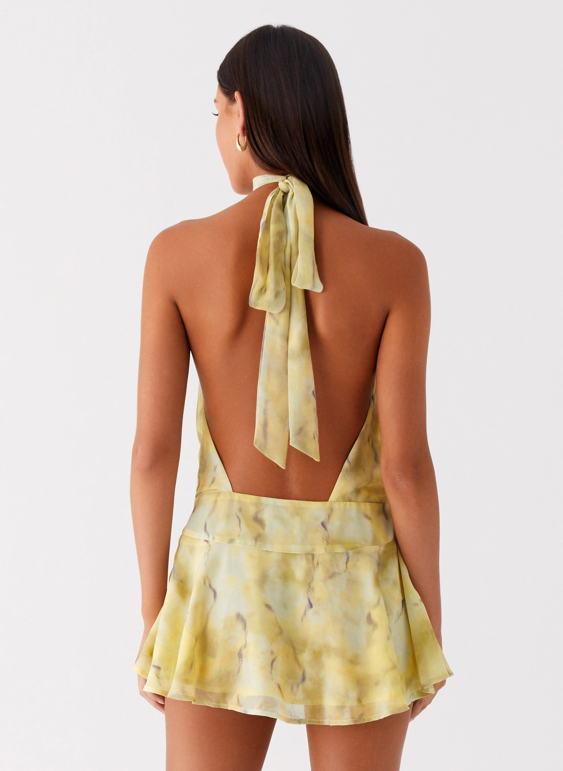 First Date Halter Mini Dress - Yellow Tie Dye Elegant Charm
